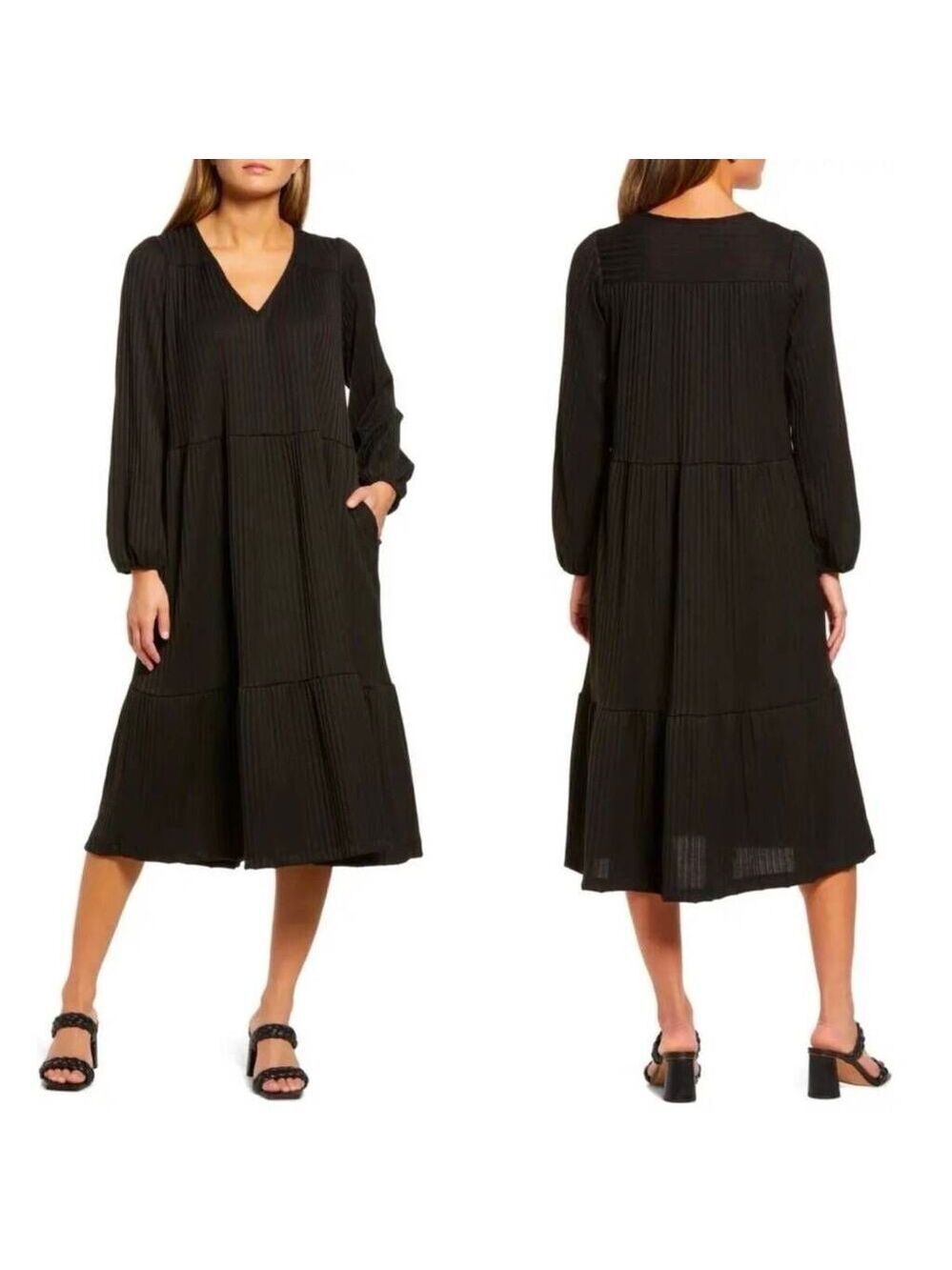 Lost + Wander Black Ribbed Tiered Midi Dress Size Small | NWT Long Sleeve Relaxe